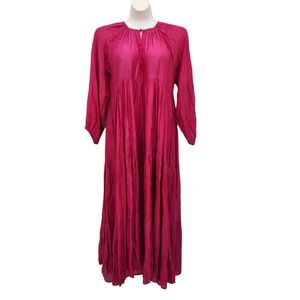 Naudic Hot Pink Molly 3/4 Balloon Sleeve Tiered Maxi Boho Dress Women's M